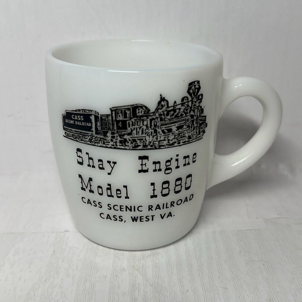 Vintage Coffee Mug Milk Glass CASS SCENIC RAILROAD Cass WV USA. VA Shay Engine